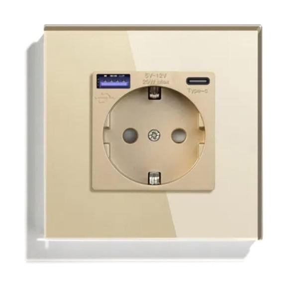 Розетка Vell электрическая, золотая, 1 пост, USB-A, USB-C, быстрая зарядка, стеклянная рамка 1369766 Розетка Vell электрическая, золотая, 1 пост, USB-A, USB-C, быстрая зарядка, стеклянная рамка 1369766