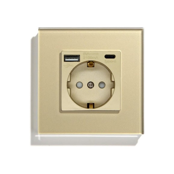 Розетка Vell электрическая, золотая, 1 пост, USB-A, USB-C, стеклянная рамка 1369762 Розетка Vell электрическая, золотая, 1 пост, USB-A, USB-C, стеклянная рамка 1369762