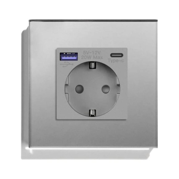 Розетка Vell электрическая, серая, 1 пост, USB-A, USB-C, быстрая зарядка, стеклянная рамка 1369767