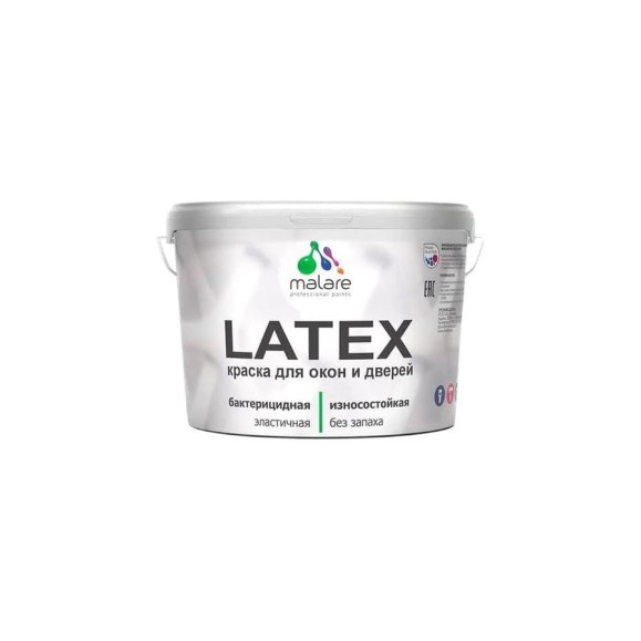 Резиновая краска MALARE для дверей и окон Latex по дереву с антисептическим эффектом, моющаяся без запаха полуглянцевая, эффект дежавю, 10 кг КЛТКСЛЭФДПГ1000 Резиновая краска MALARE для дверей и окон Latex по дереву с антисептическим эффектом, моющаяся без запаха полуглянцевая, эффект дежавю, 10 кг КЛТКСЛЭФДПГ1000