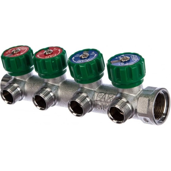 Коллектор регулирующий Millennium 1″×3/4″ на 4 выхода под евроконус, латунный, для отопления 45438 Коллектор регулирующий Millennium 1″×3/4″ на 4 выхода под евроконус, латунный, для отопления 45438