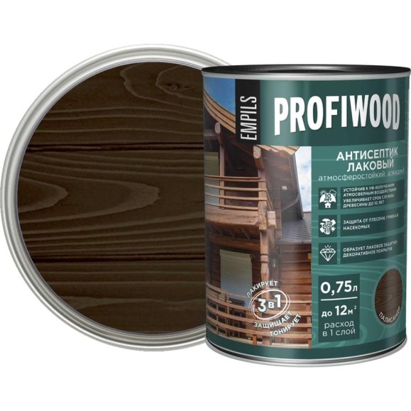 Алкидный антисептик PROFIWOOD (лаковый; тонирующий; атмосферостойкий; палисандр; 0.75 л; 0.7 кг) 67029 Алкидный антисептик PROFIWOOD (лаковый; тонирующий; атмосферостойкий; палисандр; 0.75 л; 0.7 кг) 67029