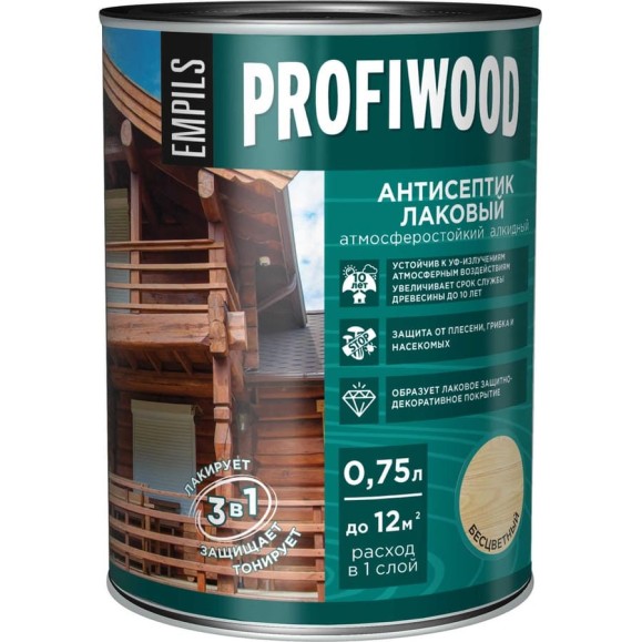 Алкидный антисептик PROFIWOOD (лаковый; тонирующий; атмосферостойкий; бесцветный; 0.75 л; 0.7 кг) 66992 Алкидный антисептик PROFIWOOD (лаковый; тонирующий; атмосферостойкий; бесцветный; 0.75 л; 0.7 кг) 66992