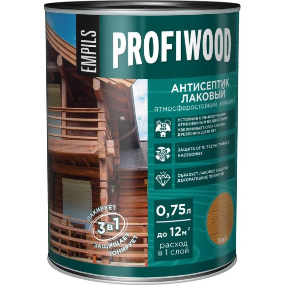 Алкидный антисептик PROFIWOOD (лаковый; тонирующий; атмосферостойкий; орех; 0.75 л; 0.7 кг) 67026 Алкидный антисептик PROFIWOOD (лаковый; тонирующий; атмосферостойкий; орех; 0.75 л; 0.7 кг) 67026