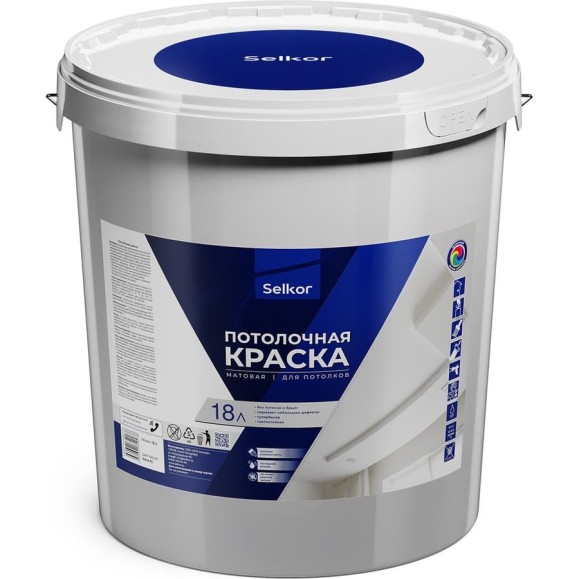 Краска для потолков Selkor белая, 18 л/25,8 кг 76015