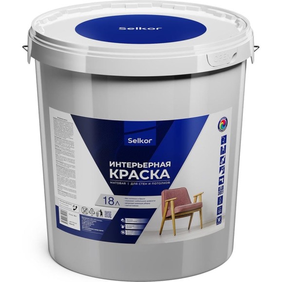 Интерьерная краска Selkor для стен и потолков, белая, 18 л/25,8 кг 75524 Интерьерная краска Selkor для стен и потолков, белая, 18 л/25,8 кг 75524