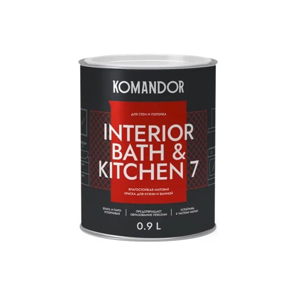 Краска KOMANDOR INTERIOR BATH AND KITCHEN 7 влагостойкая, база А, 0.9 л 271000 Краска KOMANDOR INTERIOR BATH AND KITCHEN 7 влагостойкая, база А, 0.9 л 271000
