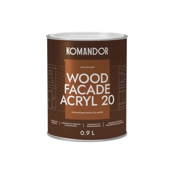 Краска по дереву KOMANDOR WOOD FACADE ACRYL 20 база А, 0.9 л 271051 Краска по дереву KOMANDOR WOOD FACADE ACRYL 20 база А, 0.9 л 271051
