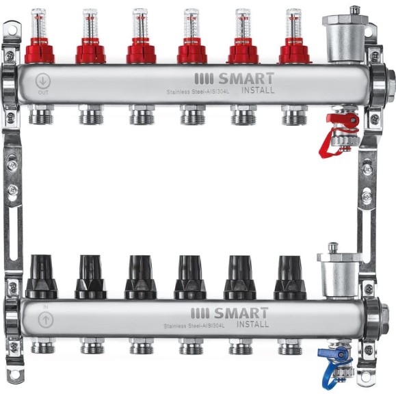 Комплект коллекторов Smart Install нерж. ст., с расходомерами 1x3/4-6 вых., 53106S Комплект коллекторов Smart Install нерж. ст., с расходомерами 1x3/4-6 вых., 53106S