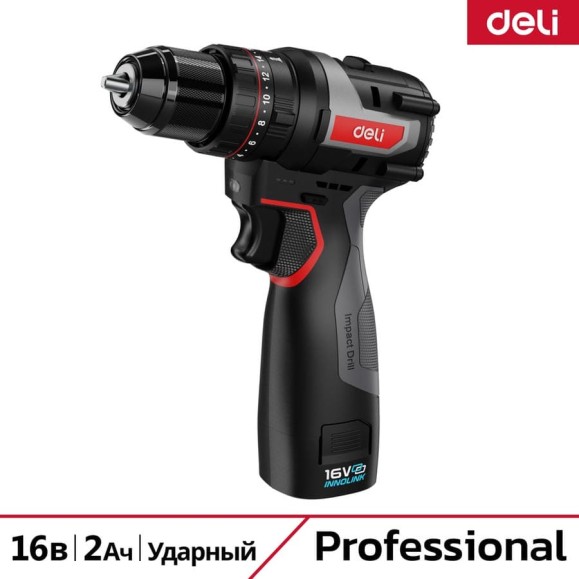 Дрель-шуруповерт аккумуляторная ударная DELI DE-CZ16-1D2 2 акб, 16В х 2Ач, ЗУ, 45Нм, сумка 163689 Дрель-шуруповерт аккумуляторная ударная DELI DE-CZ16-1D2 2 акб, 16В х 2Ач, ЗУ, 45Нм, сумка 163689
