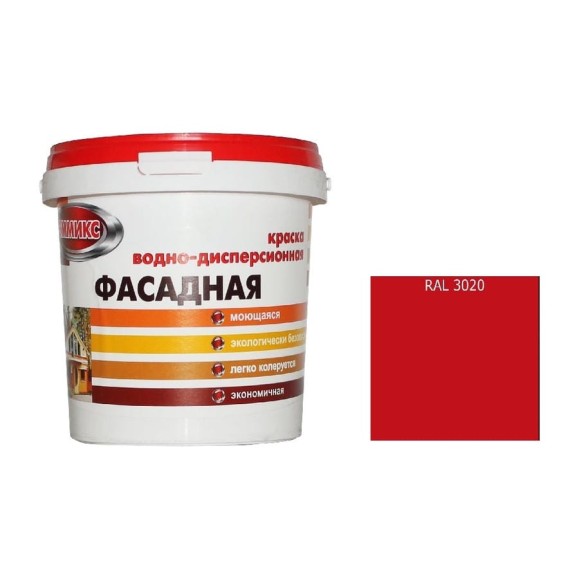 Краска ВД для наружных работ Эммикс моющаяся, RAL 3020 (ведро 0,9 л/1,3 кг) 4690417121731 Краска ВД для наружных работ Эммикс моющаяся, RAL 3020 (ведро 0,9 л/1,3 кг) 4690417121731