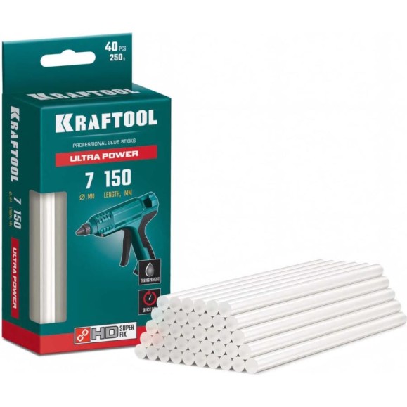 Ультрамощные прозрачные клеевые стержни KRAFTOOL Ultra Power 40 шт, 7x150 мм 06837-40 Ультрамощные прозрачные клеевые стержни KRAFTOOL Ultra Power 40 шт, 7x150 мм 06837-40