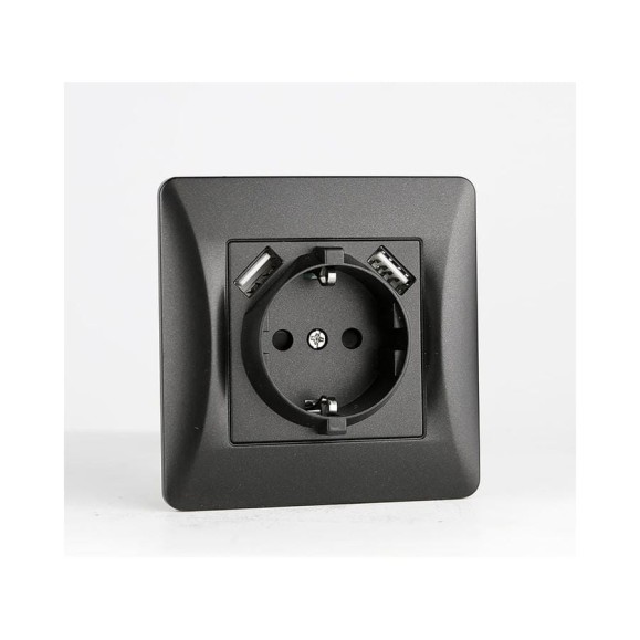 Розетка электрическая 2К+З/2xUSB A SPL, 125-250V (антрацит) 9 шт. 201024