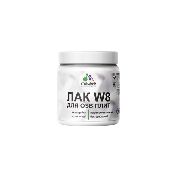 Лак MALARE колерованный укрывной для защиты ОСБ плит W8 универсальный для дерева и минеральных поверхностей, без запаха, полуглянцевый RAL 9005 черный, 0.5 кг. ЛВКОСБ9005ПГ0050 Лак MALARE колерованный укрывной для защиты ОСБ плит W8 универсальный для дерева и минеральных поверхностей, без запаха, полуглянцевый RAL 9005 черный, 0.5 кг. ЛВКОСБ9005ПГ0050