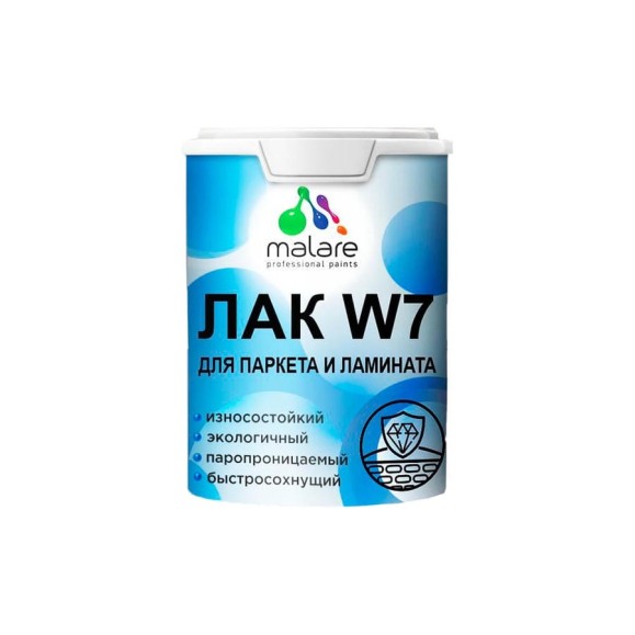 Лак MALARE колерованный укрывной для паркета и ламината W7 для дерева и минеральных поверхностей, полуглянцевый RAL 7040 темно-серый, 0.5 кг. ЛВКПРКТ7040ПГ0050
