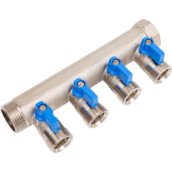 Коллектор HENCO 1" с синими шаровыми кранами, 3/4"НР евроконус, 1"-4xEK14,16,18,20 VB060504-BLAUW Коллектор HENCO 1" с синими шаровыми кранами, 3/4"НР евроконус, 1"-4xEK14,16,18,20 VB060504-BLAUW