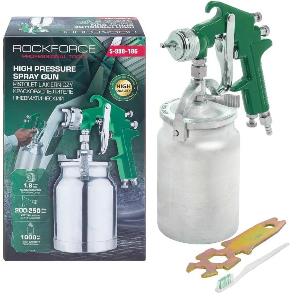 Краскораспылитель пневматический с нижним металлическим бачком Rockforce 1000 мл RF-S-990-18G(61584) Краскораспылитель пневматический с нижним металлическим бачком Rockforce 1000 мл RF-S-990-18G(61584)