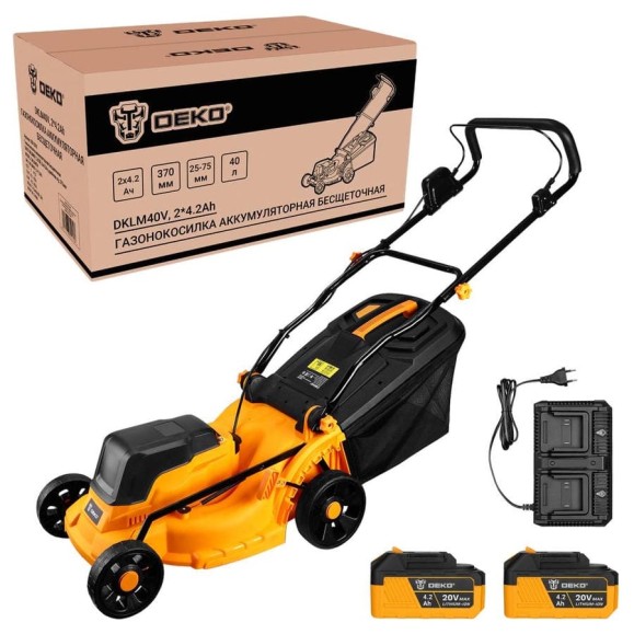 Газонокосилка аккумуляторная DEKO бесщеточная DKLM40V, 2x20В, 2x4.2Aч, двойное зарядное устройство, 370 мм 083-2018 Газонокосилка аккумуляторная DEKO бесщеточная DKLM40V, 2x20В, 2x4.2Aч, двойное зарядное устройство, 370 мм 083-2018