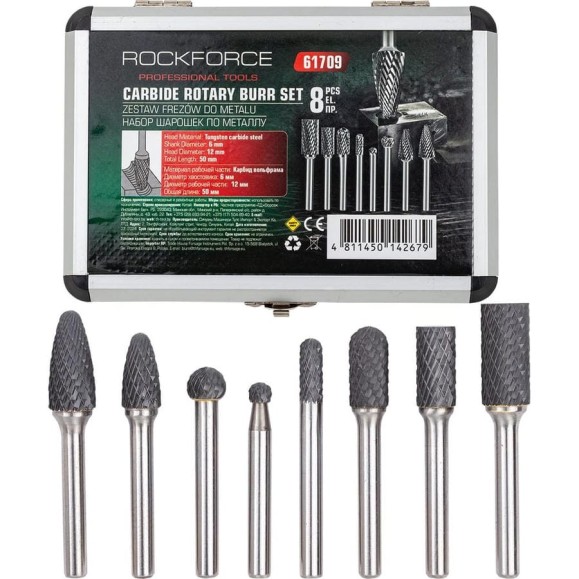 Набор шарошек металлических разнопрофильных по металлу Rockforce PROFI 8 предметов (Ø хвостовика 6мм),в аллюм. кейсе RF-61709(48567) Набор шарошек металлических разнопрофильных по металлу Rockforce PROFI 8 предметов (Ø хвостовика 6мм),в аллюм. кейсе RF-61709(48567)