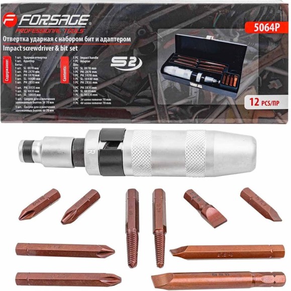 Ударная отвертка Forsage с набором бит и адаптером, 12 предметов 1/2", в кейсе F F-5064P(50546) Ударная отвертка Forsage с набором бит и адаптером, 12 предметов 1/2", в кейсе F F-5064P(50546)