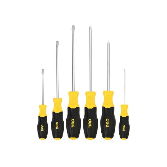 Набор отверток DELI 6 шт DL630006N (SL5/PH1x75 + SL5/PH1x100 + SL6/PH2x150, сталь Cr-V, двухкомпонентная прорезиненная рукоять) 183596 Набор отверток DELI 6 шт DL630006N (SL5/PH1x75 + SL5/PH1x100 + SL6/PH2x150, сталь Cr-V, двухкомпонентная прорезиненная рукоять) 183596