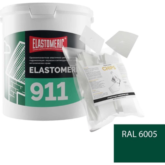 Ремкомплект для гидроизоляции и ремонта кровли Elastomeric Systems 911, 6 кг, зеленый мох и Chips 50 шт. 911_6005_6kg_kvadrat_9х9