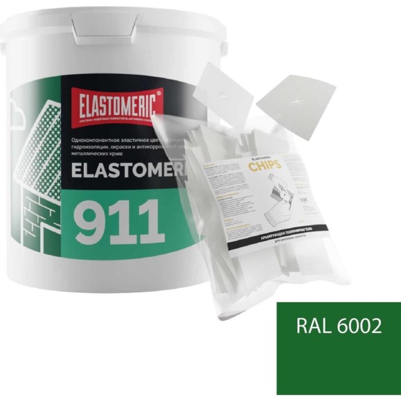 Ремкомплект для гидроизоляции и ремонта кровли Elastomeric Systems 911, 6 кг, зеленый и Chips 50 шт. 911_6002_6kg_kvadrat_7х7