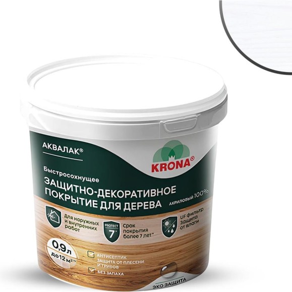 Защитно-декоративный лак для дерева KRONA Аквалак белый, 0.9 л 66364203
