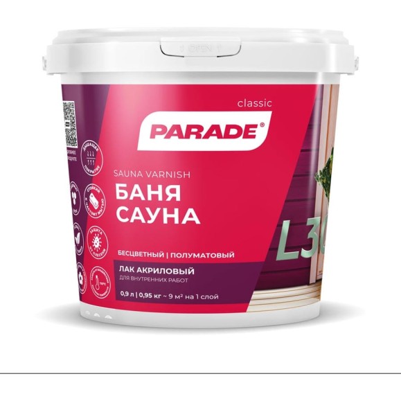 Лак для саун акриловый PARADE L30 Сауна & Баня п/мат 0,9 л Россия 90003239880 Лак для саун акриловый PARADE L30 Сауна & Баня п/мат 0,9 л Россия 90003239880