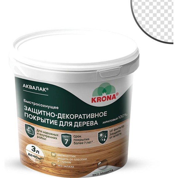 Защитно-декоративный лак для дерева KRONA Аквалак (бесцветный; 3 л) 66360403 Защитно-декоративный лак для дерева KRONA Аквалак (бесцветный; 3 л) 66360403