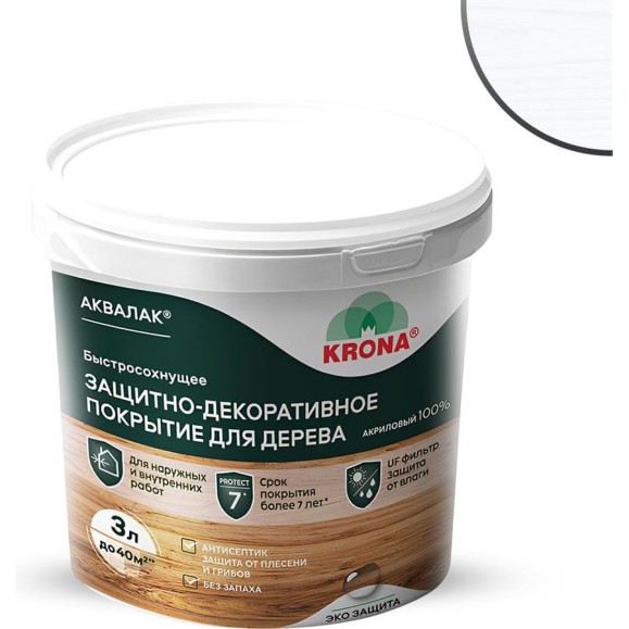 Защитно-декоративный лак для дерева KRONA Аквалак 3 л, белый 66364401