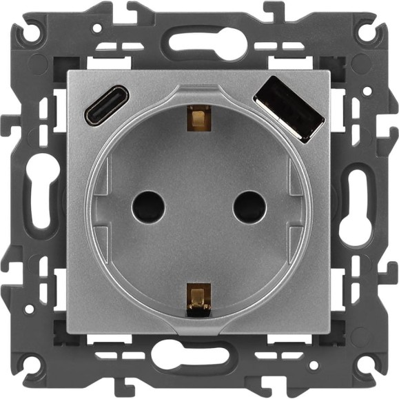 Розетка ЭРА Elegance 14-4108-03 2PE 16A250В со шторками с USB typeAC 5В3А алюминий Б0067741 Розетка ЭРА Elegance 14-4108-03 2PE 16A250В со шторками с USB typeAC 5В3А алюминий Б0067741