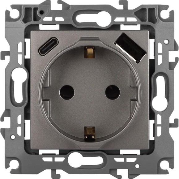 Розетка ЭРА Серия 12 12-4108-16 2PE 16A250В со шторками с USB typeAC 5В3А титан Б0067762 Розетка ЭРА Серия 12 12-4108-16 2PE 16A250В со шторками с USB typeAC 5В3А титан Б0067762