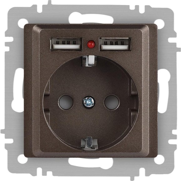 Розетка Intro Accent 641008, PE Schuko со шторками, 16А 250В 2хUSB, IP20, СУ, бронза Б0063704 Розетка Intro Accent 641008, PE Schuko со шторками, 16А 250В 2хUSB, IP20, СУ, бронза Б0063704