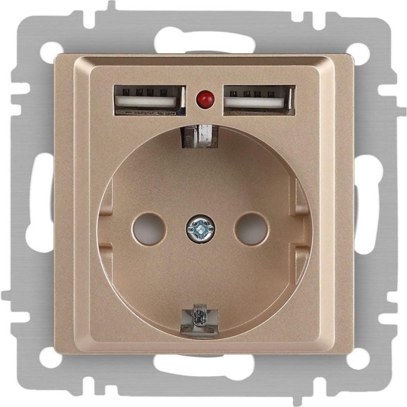 Розетка Intro Accent 641004, PE Schuko со шторками, 16А 250В 2хUSB, IP20, СУ, шампань Б0063696 Розетка Intro Accent 641004, PE Schuko со шторками, 16А 250В 2хUSB, IP20, СУ, шампань Б0063696