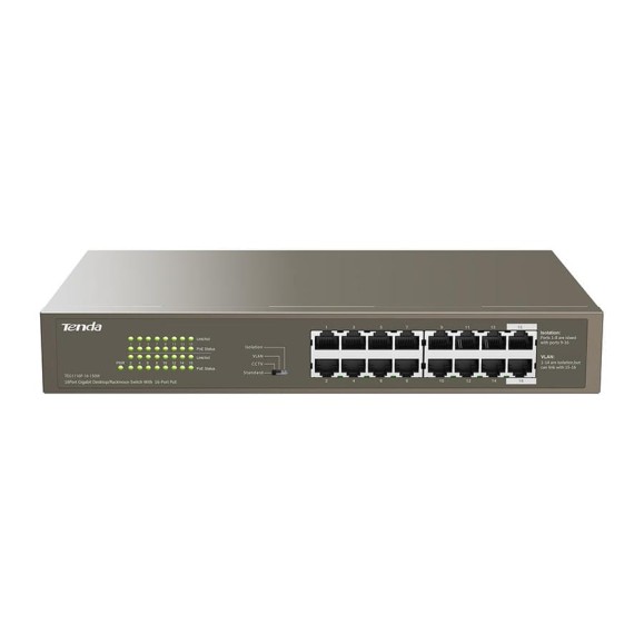 Коммутатор неуправляемый PoE Tenda TEG1116P-16-150W 16 портов, 16x1 Гбит/с, PoE 16x30 Вт (до 135Вт), установка в стойку 10000105700 Коммутатор неуправляемый PoE Tenda TEG1116P-16-150W 16 портов, 16x1 Гбит/с, PoE 16x30 Вт (до 135Вт), установка в стойку 10000105700