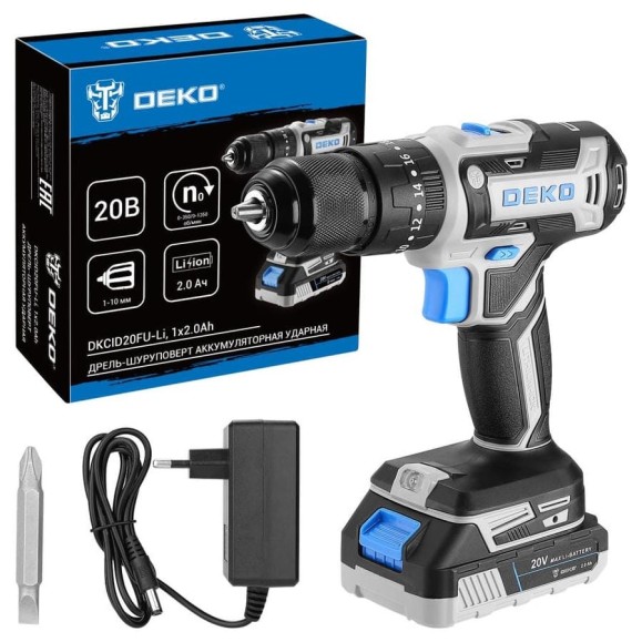 Дрель-шуруповерт аккумуляторная ударная DEKO DKCID20FU-Li, 20В, 1x2.0Ач 083-1119 Дрель-шуруповерт аккумуляторная ударная DEKO DKCID20FU-Li, 20В, 1x2.0Ач 083-1119