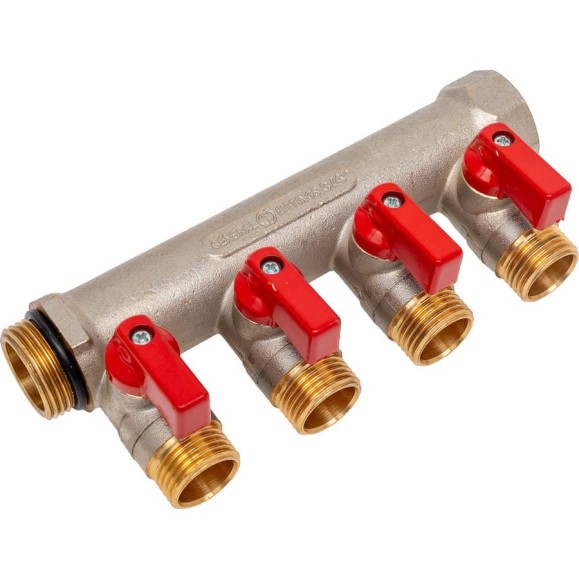 Коллектор с шаровыми кранами STOUT Smb 6210 341204 3/4", 4 отвода 1/2", красные ручки RG0091AACQND3T Коллектор с шаровыми кранами STOUT Smb 6210 341204 3/4", 4 отвода 1/2", красные ручки RG0091AACQND3T