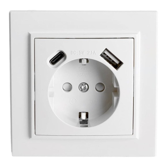 Розетка 1-местная STEKKER PST16-9016-01, 250В, 2.1А с USB+ type C, серия Эрна, белый, 50076