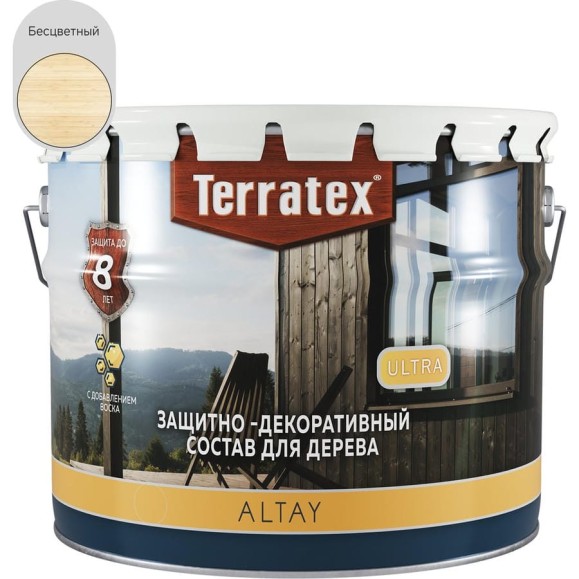 Деревозащитный декоративный состав ТЕРРАТЕКС ALTAY ULTRA бесцветный, 7.5кг ЭК000145673 Деревозащитный декоративный состав ТЕРРАТЕКС ALTAY ULTRA бесцветный, 7.5кг ЭК000145673