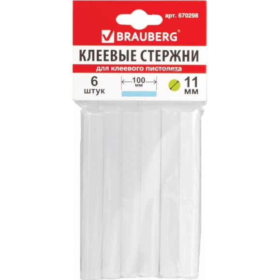 Клеевые стержни, диаметр 11 мм, длина 100 мм, белые, комплект 6 шт. BRAUBERG 670298 Клеевые стержни, диаметр 11 мм, длина 100 мм, белые, комплект 6 шт. BRAUBERG 670298