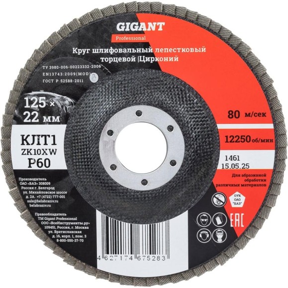 Круг лепестковый 125x22,2 мм; P60; цирконий, 10 шт Gigant Professional GNT-P60-10 Круг лепестковый 125x22,2 мм; P60; цирконий, 10 шт Gigant Professional GNT-P60-10