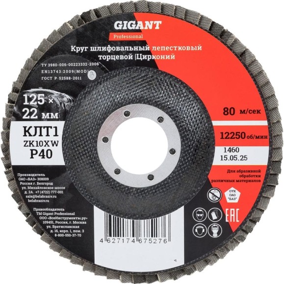 Круг лепестковый 125x22,2 мм; P40; цирконий, 10 шт Gigant Professional GNT-P40-10 Круг лепестковый 125x22,2 мм; P40; цирконий, 10 шт Gigant Professional GNT-P40-10