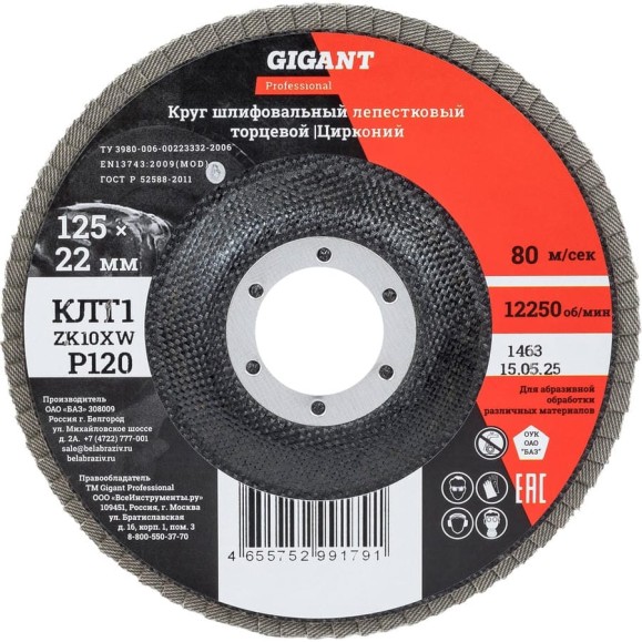 Круг лепестковый 125x22,2 мм; P120; цирконий, 10 шт Gigant Professional GNT-P120-10 Круг лепестковый 125x22,2 мм; P120; цирконий, 10 шт Gigant Professional GNT-P120-10