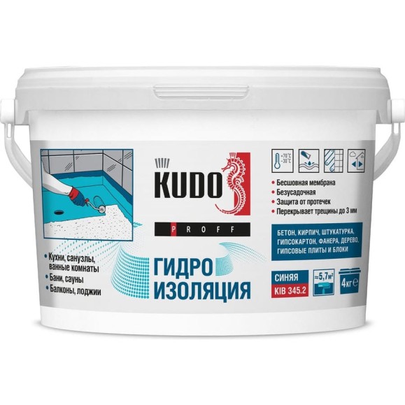 Гидроизоляция бесшовная эластичная KUDO PROFF, акриловая, 4 кг, KIB-345.2 Гидроизоляция бесшовная эластичная KUDO PROFF, акриловая, 4 кг, KIB-345.2