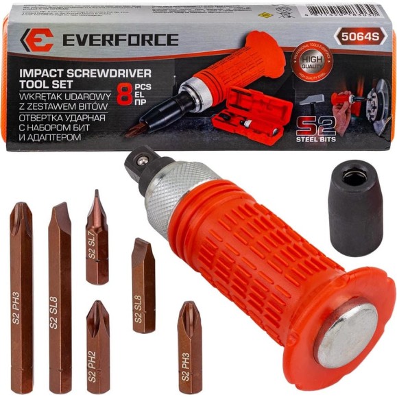 Отвертка ударная с набором бит и адаптером EVERFORCE 8 предметов EF-5064S(62234) Отвертка ударная с набором бит и адаптером EVERFORCE 8 предметов EF-5064S(62234)
