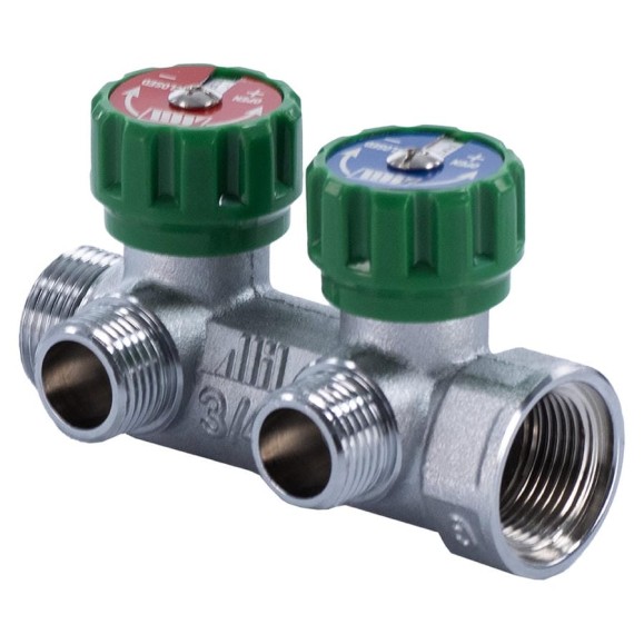 Регулируемый коллектор Millennium 2 выхода 3/4"×1/2" с внутренней-наружной резьбой под плоское уплотнение 44140