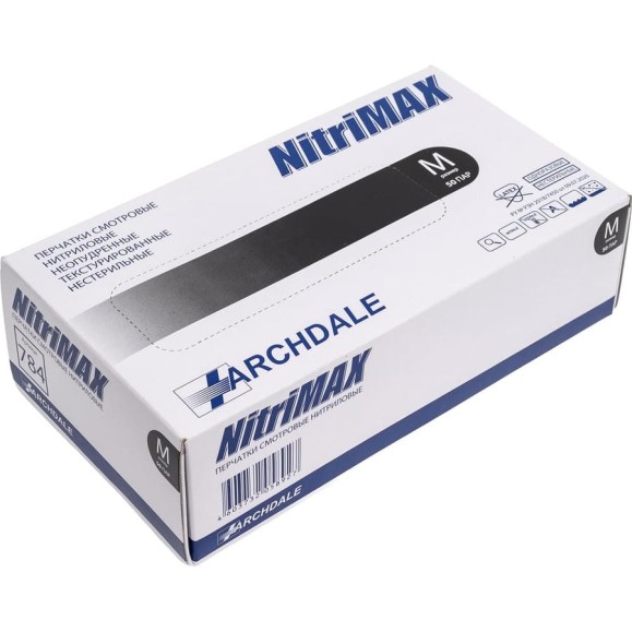 Перчатки смотровые неопудренные ARCHDALE NitriMax нитриловые, черные, 4г, 50 пар, р.M B784M Перчатки смотровые неопудренные ARCHDALE NitriMax нитриловые, черные, 4г, 50 пар, р.M B784M