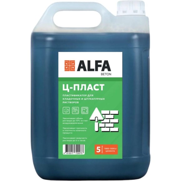 Пластификатор для штукатурных и кладочных растворов AlfaBet Ц-ПЛАСТ 5 л 20073 Пластификатор для штукатурных и кладочных растворов AlfaBet Ц-ПЛАСТ 5 л 20073