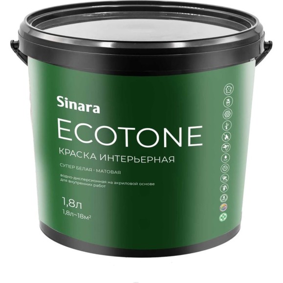 Краска интерьерная для внутренних работ Sinara Ecotone супер белая, База А, матовая, атмосферостойкая, водно-дисперсионная на акриловой основе, 1.8л SP 049 Краска интерьерная для внутренних работ Sinara Ecotone супер белая, База А, матовая, атмосферостойкая, водно-дисперсионная на акриловой основе, 1.8л SP 049